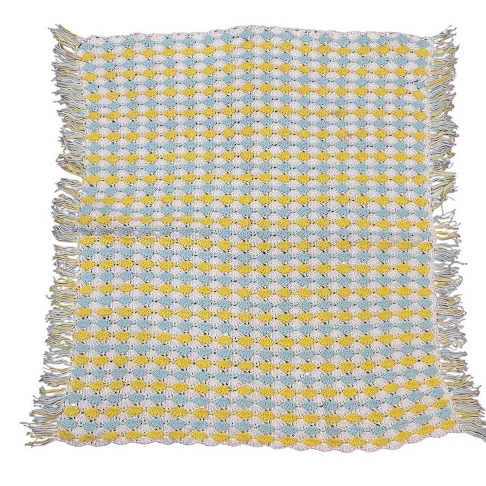 Handmade crochet knitted baby throw blanket. Powder blue, yellow and white.
